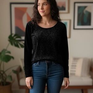 Black Velvet Burnout Textured Blouse Vintage Subtle Sparkle Holiday Party Y2K